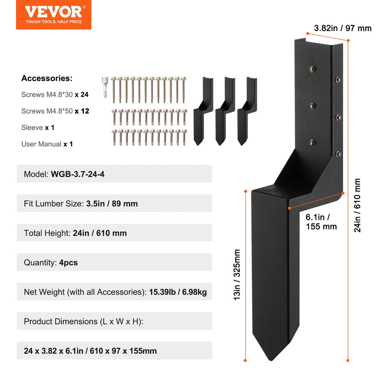 Reparationssats för ankare i staketstolpar, 4-pack innerdiameter 3,5 x 3,5 tum kraftiga stödpinnar i stål för staketstolpar, jordspett för ankare för reparation av lutande, trasig trästolpe, omslutande