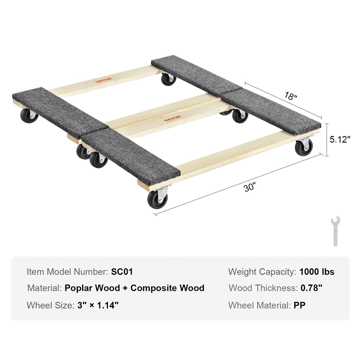 Möbelvagn, 1000 lbs stycklastkapacitet, 2-pack, 18" x 30", 8 x 3" PP-svänghjul, kraftig flyttvagn för trämöbler, flyttvagn, flyttvagn med hjul för tunga möbler