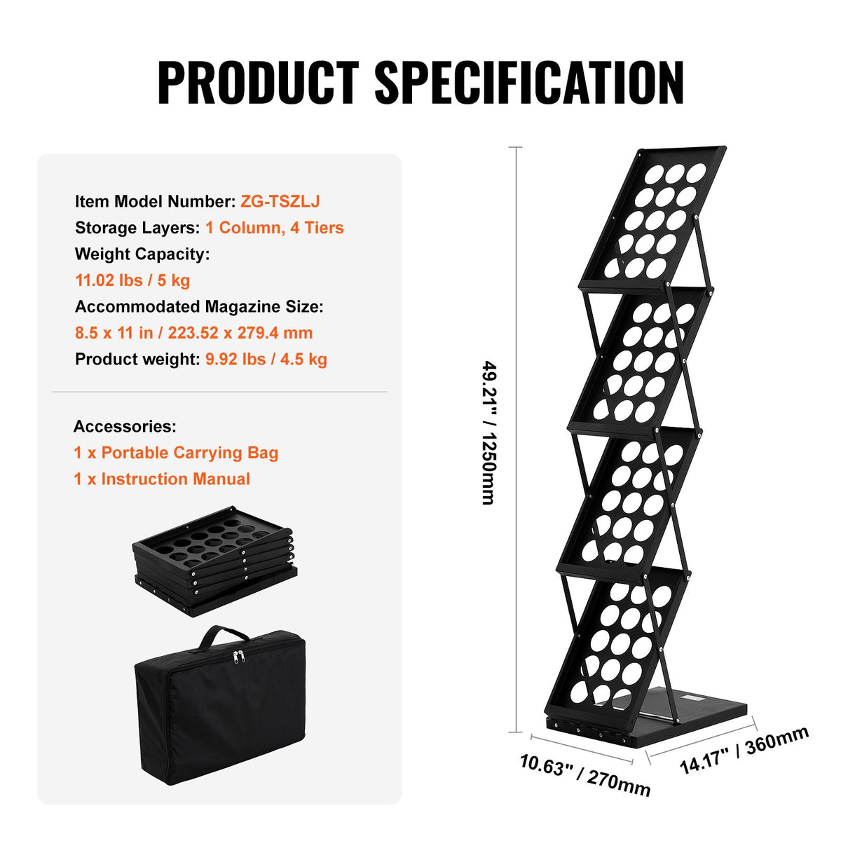 Foldable Magazine Display Rack. 4-Tier Brochure Literature Display Stand, Portable Catalog Brochure Holder Stand with Carrying Bag for Office Trade Show Exhibitions, 4 Pockets