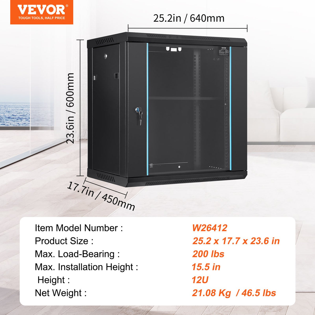 12U väggmonterat nätverksserverskåp, 39,4 cm/15,5 tum djupt, serverrackskåp, max. markmonterad lastkapacitet på 90 kg/200 lbs, med låsbara glasdörrssidopaneler, för IT-utrustning, A/V-enheter
