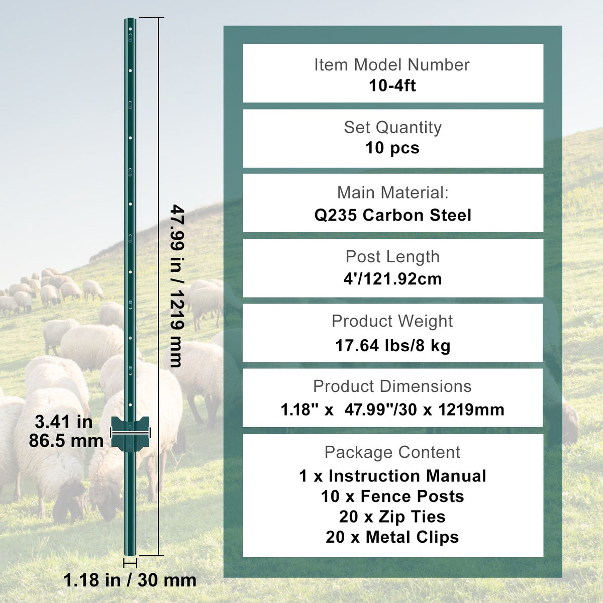 4 Feet Fence Post, 10 Pack U-Channel Heavy Duty Metal Fence Posts, Sturdy Steel Fence Stakes for Garden Yard, Lawn, Farms and Outdoor Wire Fencing, Green