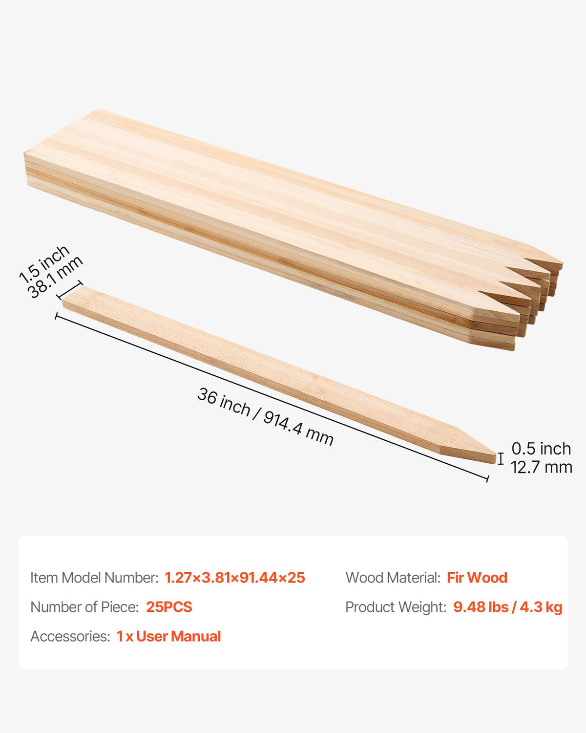 Trädgårdsstöttor i trä, 25 st 12,7×38,1×914,4 mm, nivåstöttor för lantmäteri, markstöttor för trädgårdsväxter med vass spets, skyltstolpar för gårdsgränser av silt