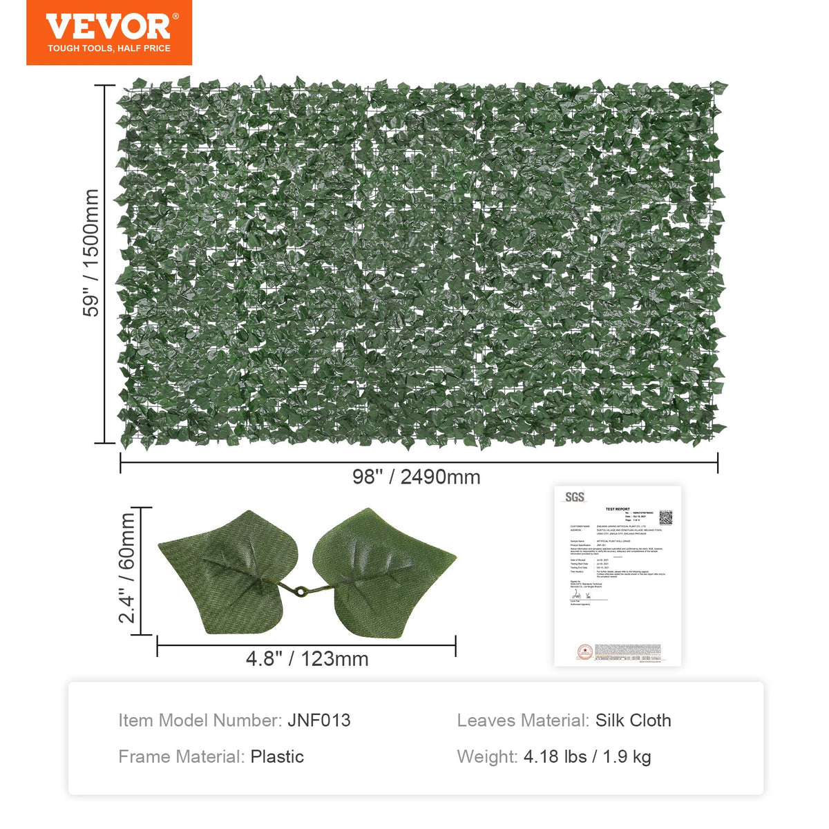 Ivy Privacy Fence, 1500 x 2490 mm Artificial Green Wall Screen, Greenery Ivy Fence with Strengthened Joint, Faux Hedges Vine Leaf Decoration for Outdoor Garden, Yard, Patio Decor