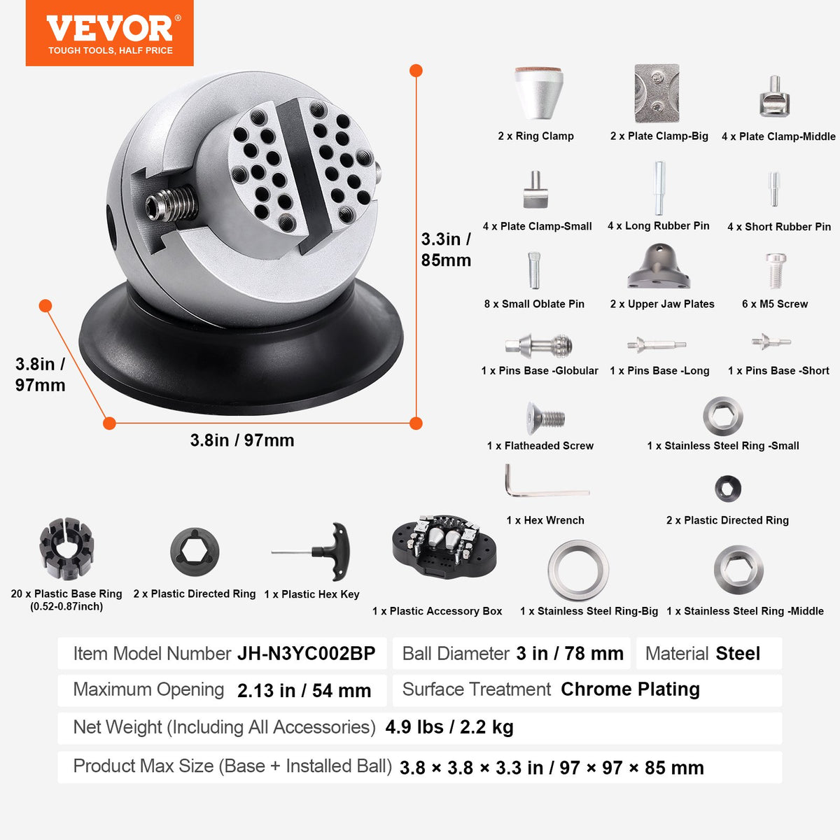 Ball Vise, 7.6 cm Engraving Setting Tool, 360° Rotation Engraving Block Vise, 70 PCS Attachment Jewelry Engraving Block Tools Standard Block for Gemstone Inlay and Small-Scale Engraving