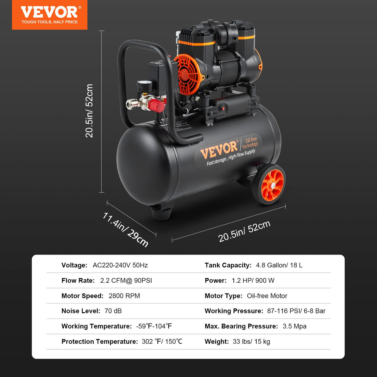 Luftkompressor 18,2 l 900 W 2,2 CFM vid 90 PSI 70 dB Ultratyst Oljefri