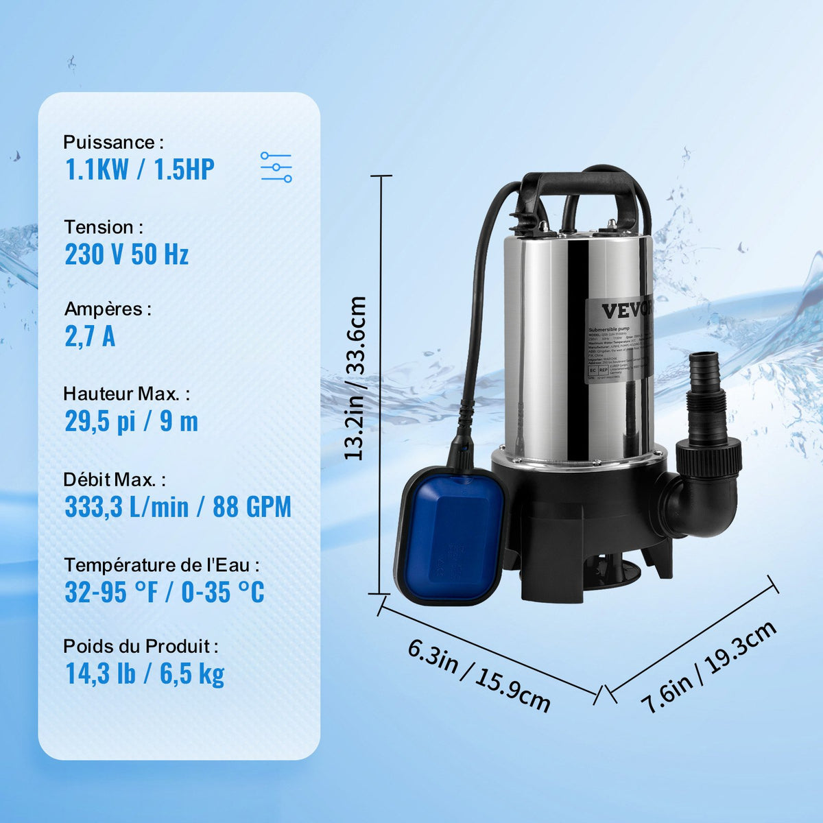 Dränkbar vattenpump, 1100W 20000L/h, med 10 m sladd och automatisk flottörbrytare, bärbar rostfri stålpump för smutsiga eller rena avlopp, översvämningar i avlopp, tömning av trädgårdsdammar, simbassänger, bubbelpool