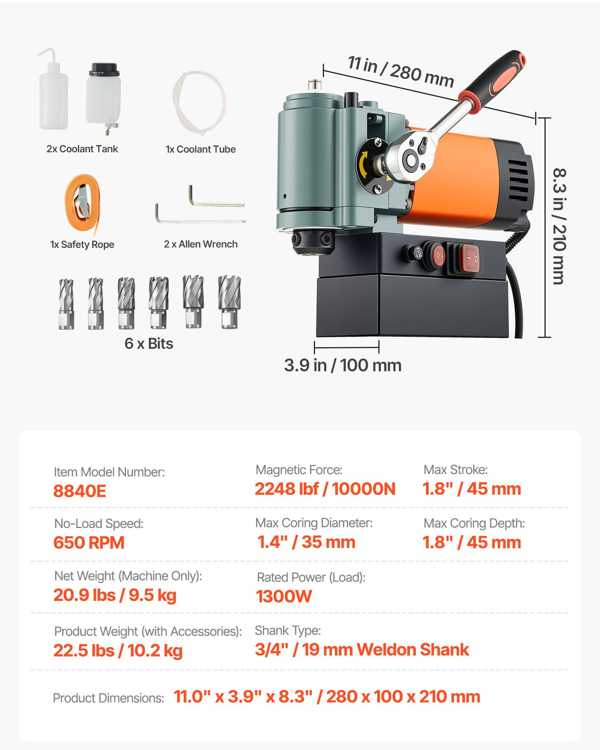Lågprofilmagnetisk borrpress, 1300 W, 35 mm borrdiameter, 10000N kraftfull bärbar magnetborrpress, 650 varv/min hastighet, med Weldon-skaft, för metallytor, industri och heminredning