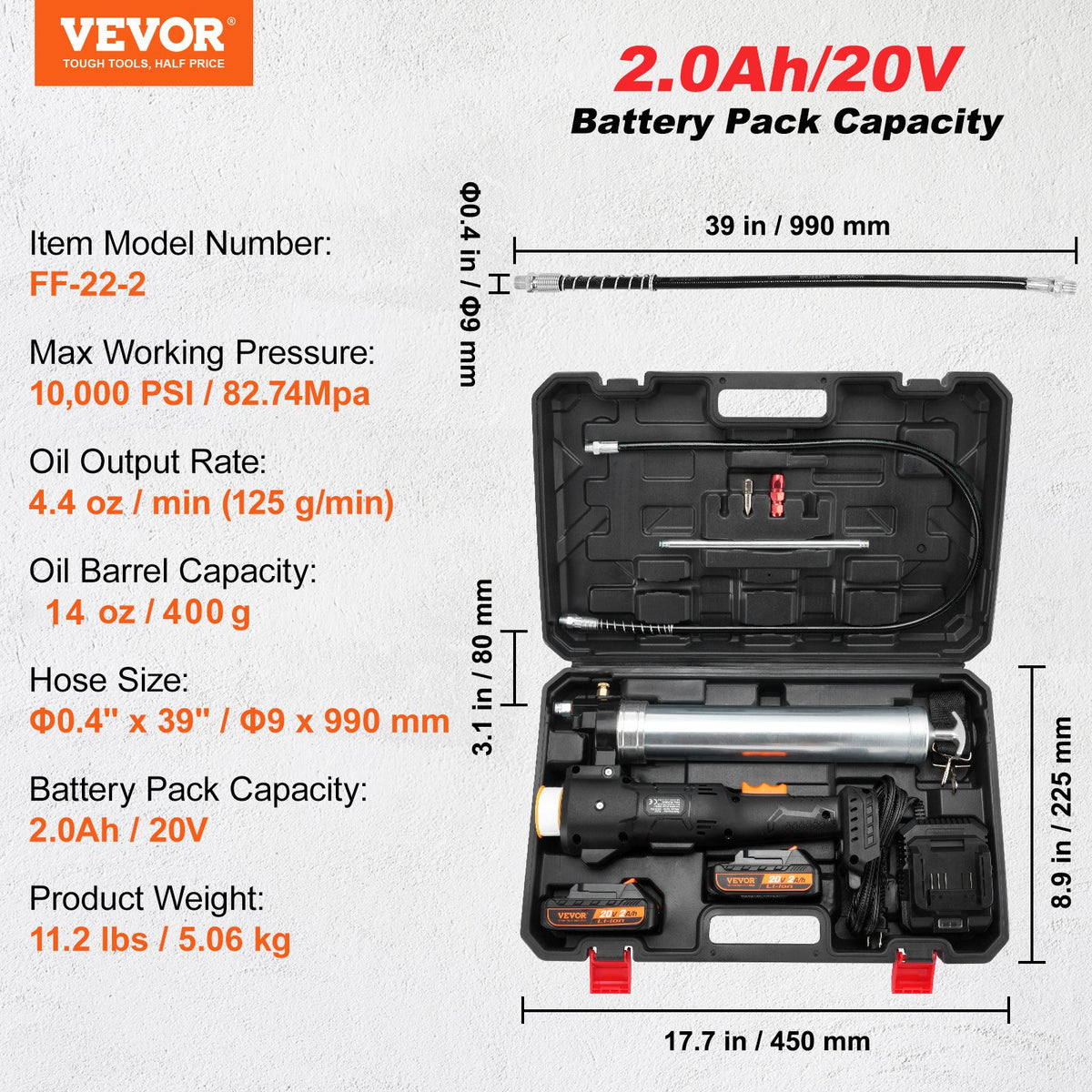 Sladdlös fettspruta, 20 volt, 10 000 PSI, 39" lång slang, elektrisk fettspruta, professionell högtrycks-batteridriven fettspruta med bärväska, batteri och laddare ingår, svart