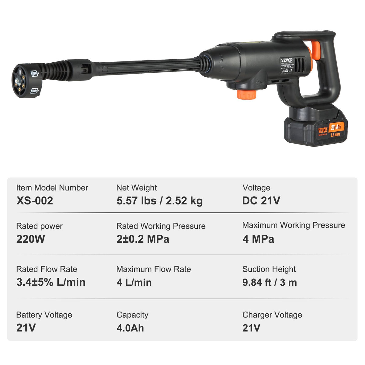 Sladdlös högtryckstvätt, 580 PSI 1,1 GPM bärbar krafttvätt, handhållen högtryckstvättpistol för bil med 4,0 Ah batteri, laddare, 6-i-1-munstycke, för rengöring av hem/golv och bevattning