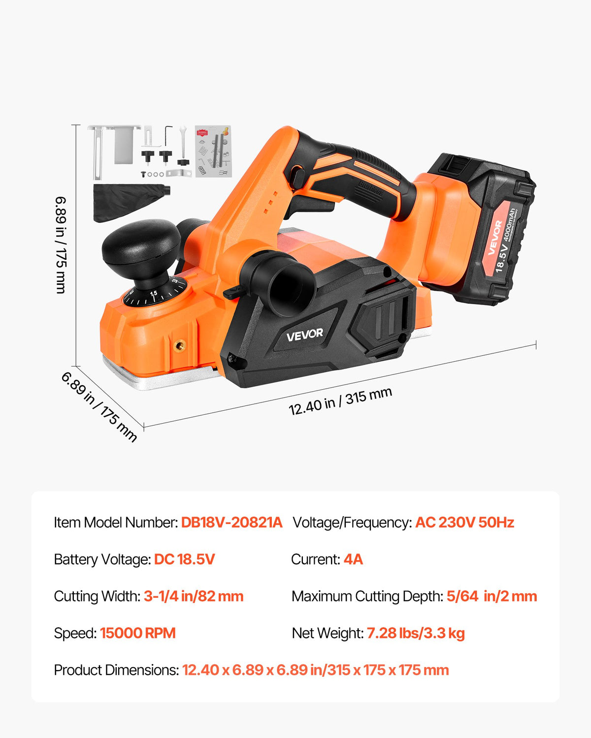 Cordless Handheld Planer, 82 mm Cut Width, 15000 RPM Electric Hand Wood Planer with 4 Ah 18V Lithium Battery, Brushless Motor, Adjustable Cut Depth, Dust Collection Bag, for Woodworking