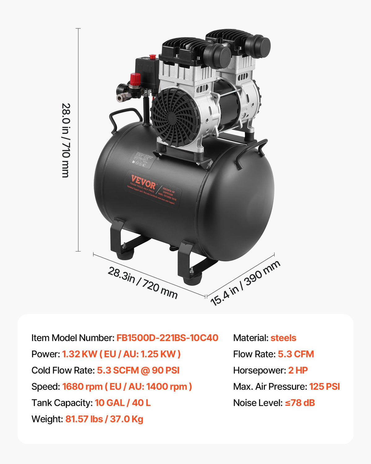 Luftkompressor, 10 gallon ståltank, 2 hk 5,3 CFM vid 90 PSI oljefri luftkompressor och max. 125 PSI tryck, 78 dB ultratyst bärbar kompressor, för bilreparationer, däckpåfyllning, sprutmålning