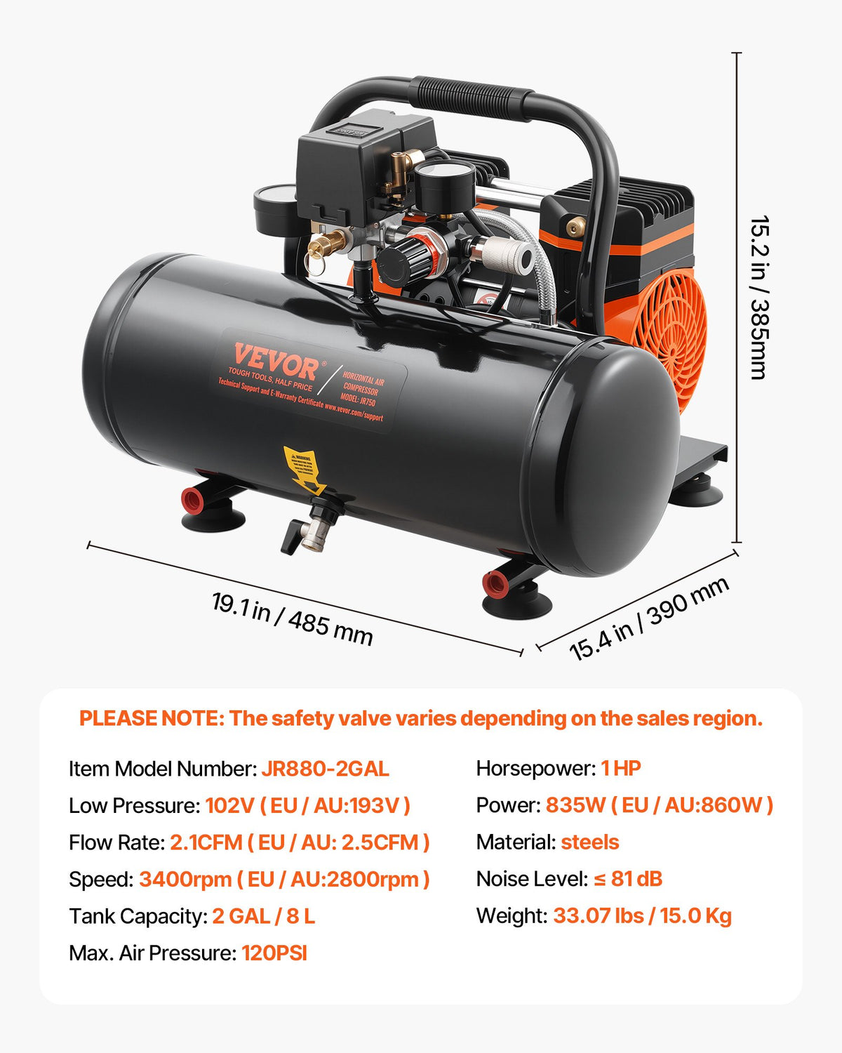 Luftkompressor, 7,5 liters ståltank, 1 hk 2,5 CFM 8 bar oljefri luftkompressor och max. 120 PSI tryck, 81 dB ultratyst bärbar kompressor, för bilreparationer, däckpåfyllning, sprutmålning