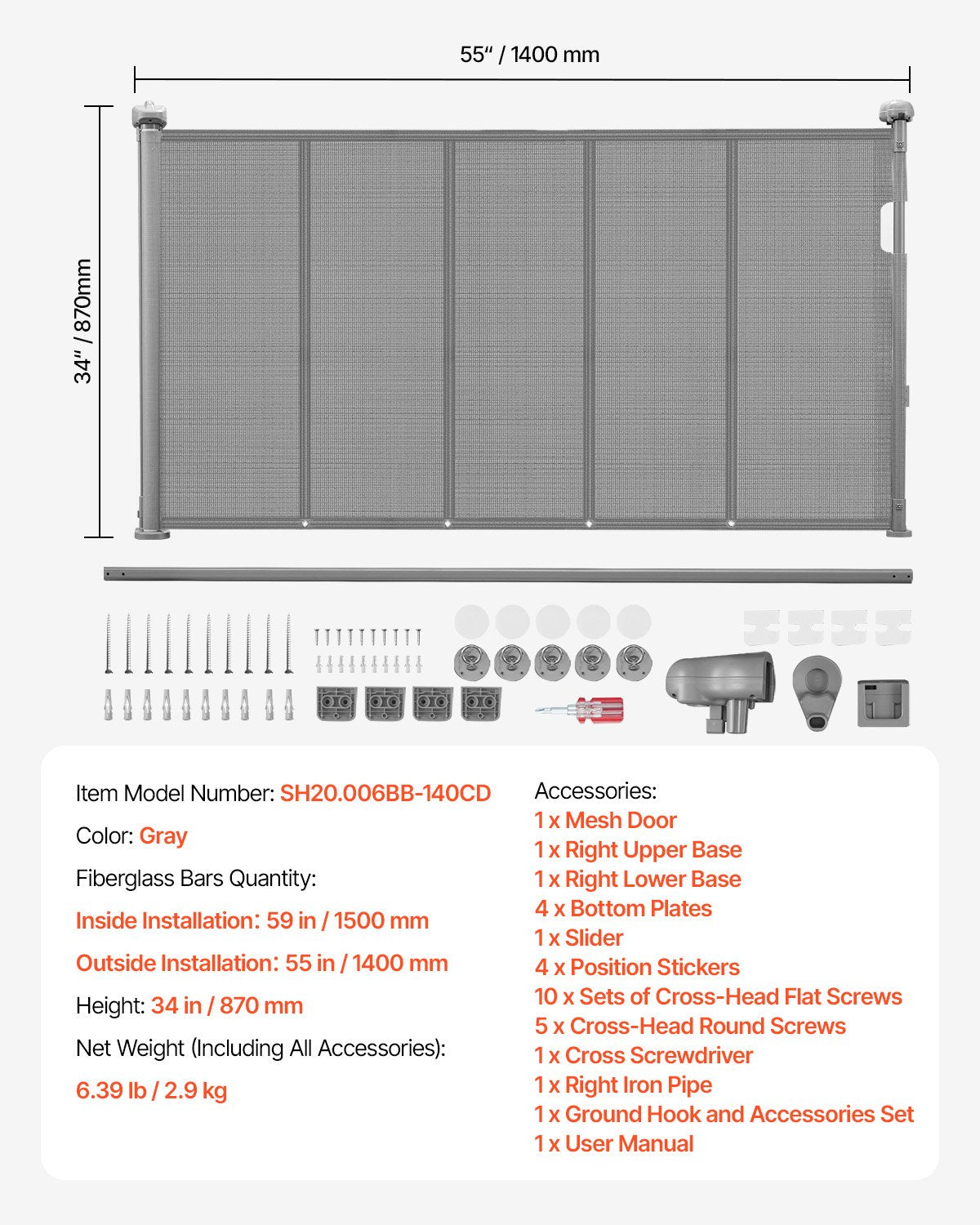 Infällbar barngrind, 870 mm hög, kan förlängas upp till 1400 mm bred, infällbar grind för barn eller husdjur, nätmaterial, enkel att installera för inomhustrappor, dörröppningar, hallar, lekrum, grå