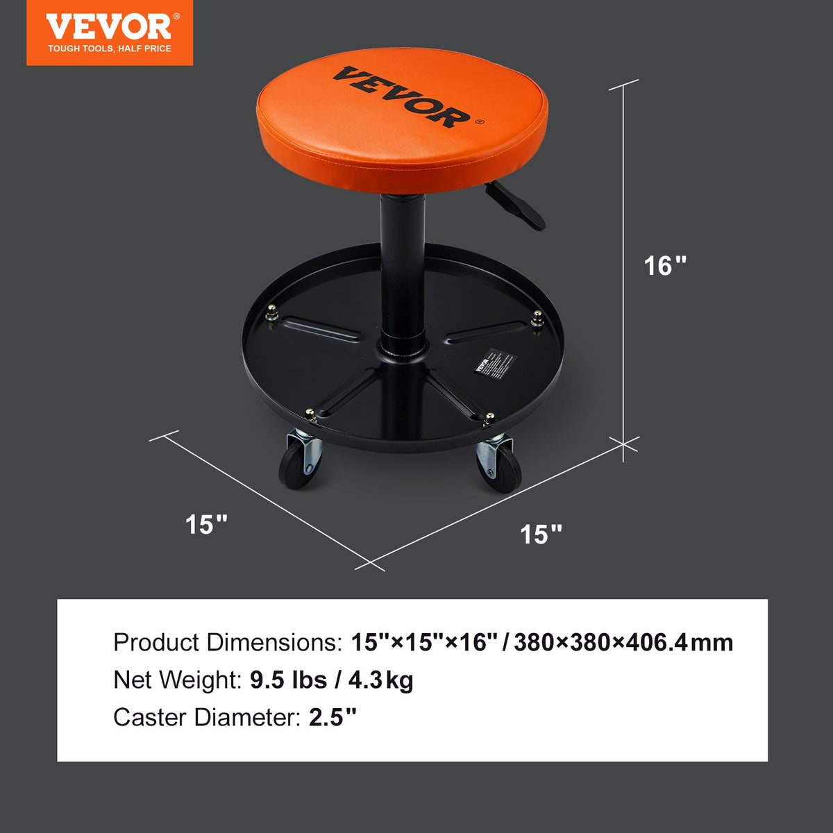 Mekanikerpall, 113 kg rullande pneumatisk krypstol för garage/verkstad, justerbar höjd 56 cm-71 cm vadderad rullande verkstadspall med verktygslåda, för garage, verkstad, bilreparationer, svart+orange