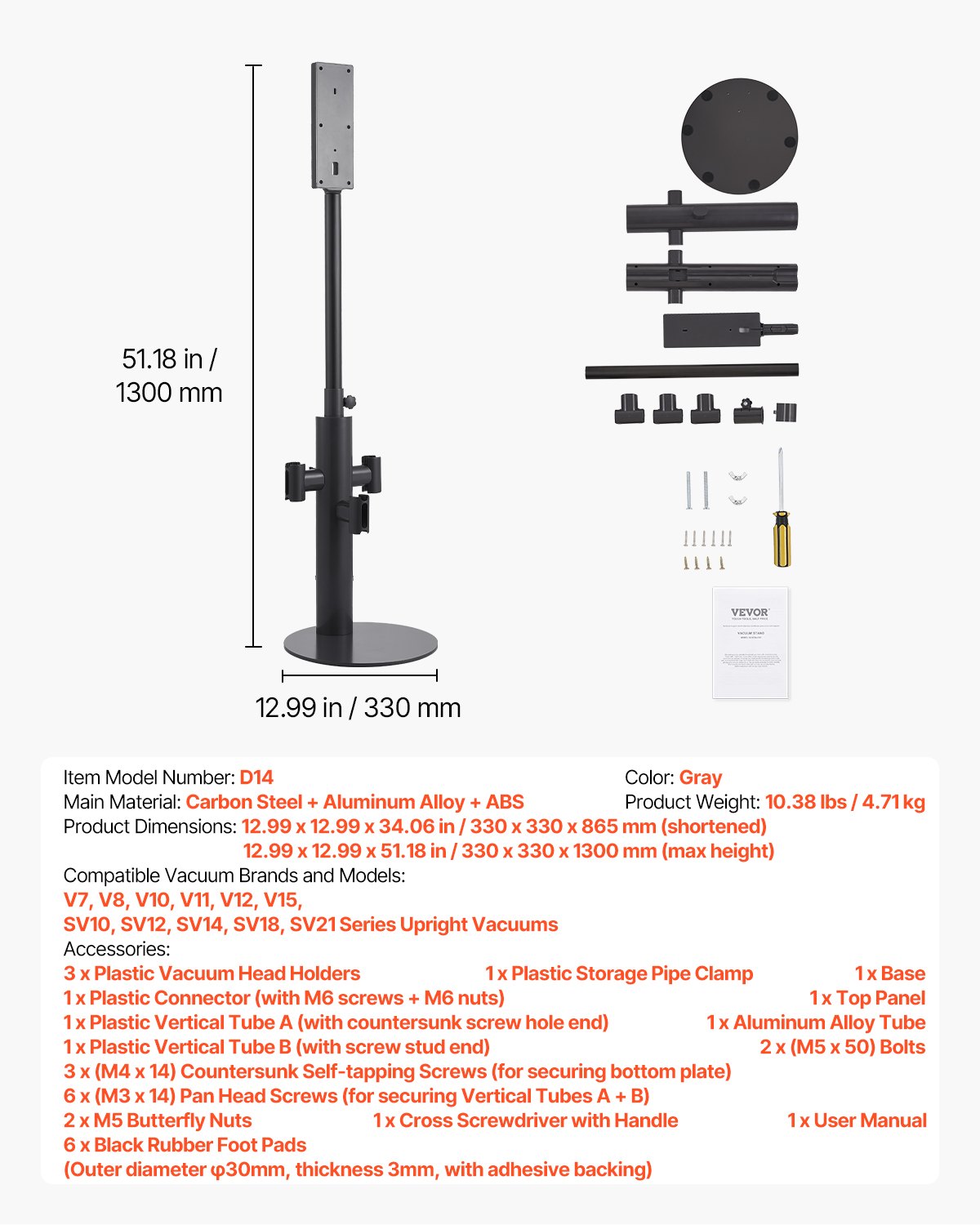 Dammsugningsställ, kompatibelt med Dyson V7 V8 V10 V11 V12 V15 SV10 SV12 SV14 SV18 SV21 upprättstående dammsugare och tillbehör, stabilt dammsugningsställ med 3 klämmor och justerbar höjd