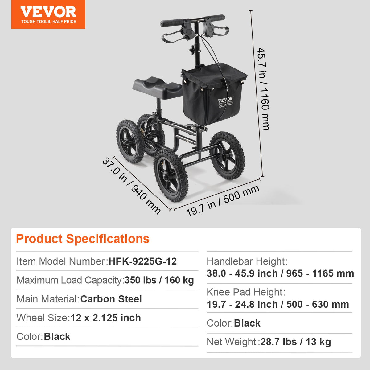 Folding Knee Scooter, Carbon Steel Steerable Knee Walker with Height-Adjustable Handlebar & Knee Pad, 12" (30.5 cm) All-Terrain Wheel, Dual Brakes, Leg Recovery Scooter for Injured Ankle Foot Knee, 350LBS/158.8 kg