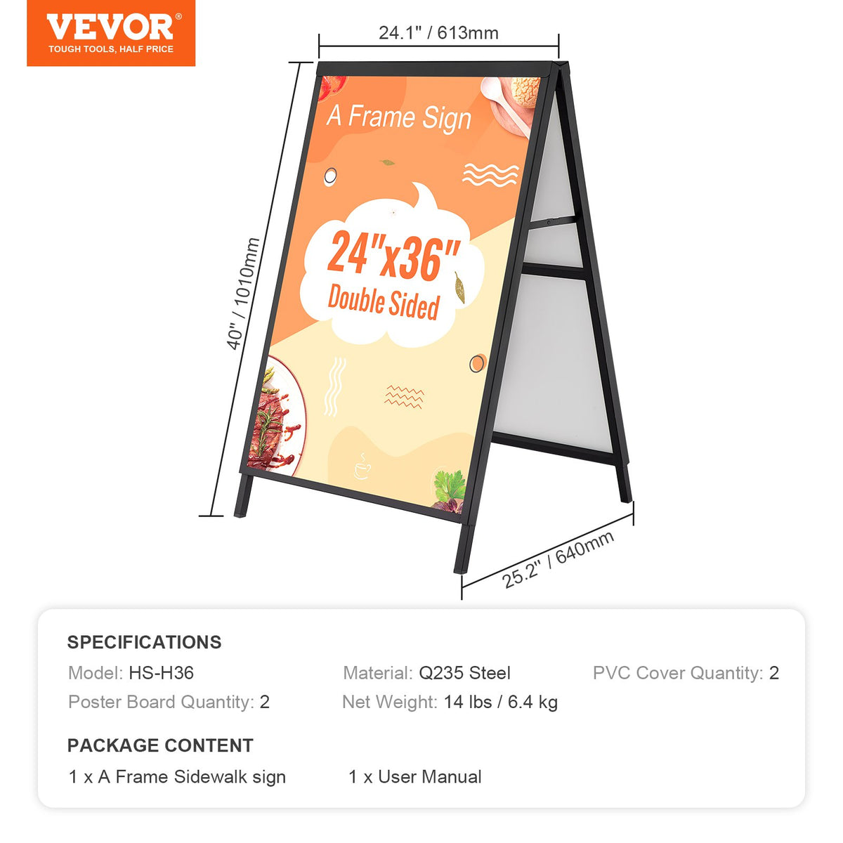 A Frame Sidewalk Sign, 24x36 Inch Heavy Duty Slide-in Signboard Holder, Double-Sided Folding Sandwich Board Signs, Steel Pavement Sign Poster for Outdoor Business Street Advertising (Frame only)
