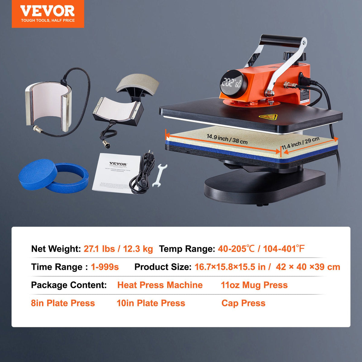Värmepressmaskin 12x15in/30.5x38.1 cm 5in1 Sublimeringsöverföring T-shirt Tallrik Mugg Kopp