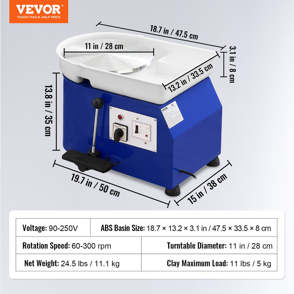 Drejskiva 27,9 cm Keramisk skiva Fotpedal Skulpturverktyg Förkläde 350W