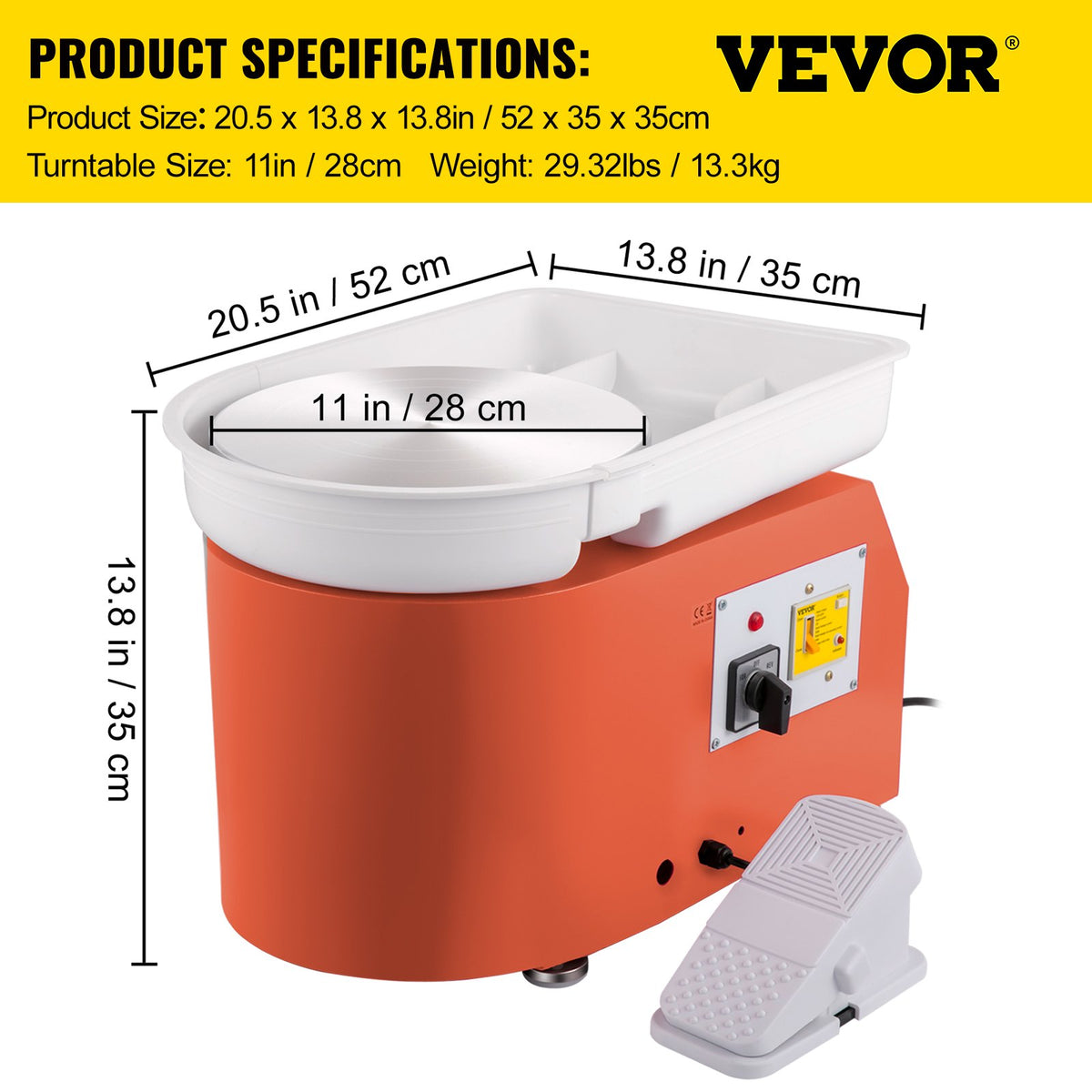 Keramikskiva 27,9 cm 0-300 varv/min keramisk skiva, 350 W justerbar hastighet formningsmaskin med skulpteringsverktyg och förkläde, avtagbar fotpedal för handfat, för konsthantverk och hem-Gör-det-själv, orange