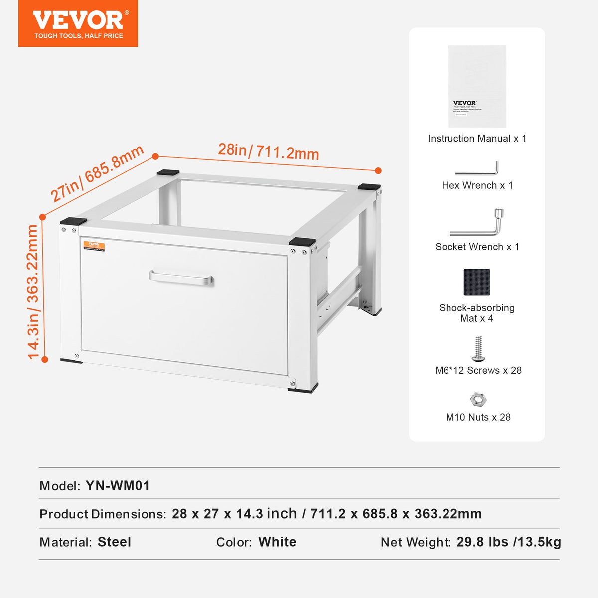 Tvättstativ 686 mm B x 366 mm H, tvättmaskin och torktumlare basplattform universal passform 299 kg kapacitet, kraftig multifunktionell bas för tvättmaskin med låda och omfattande tillbehör