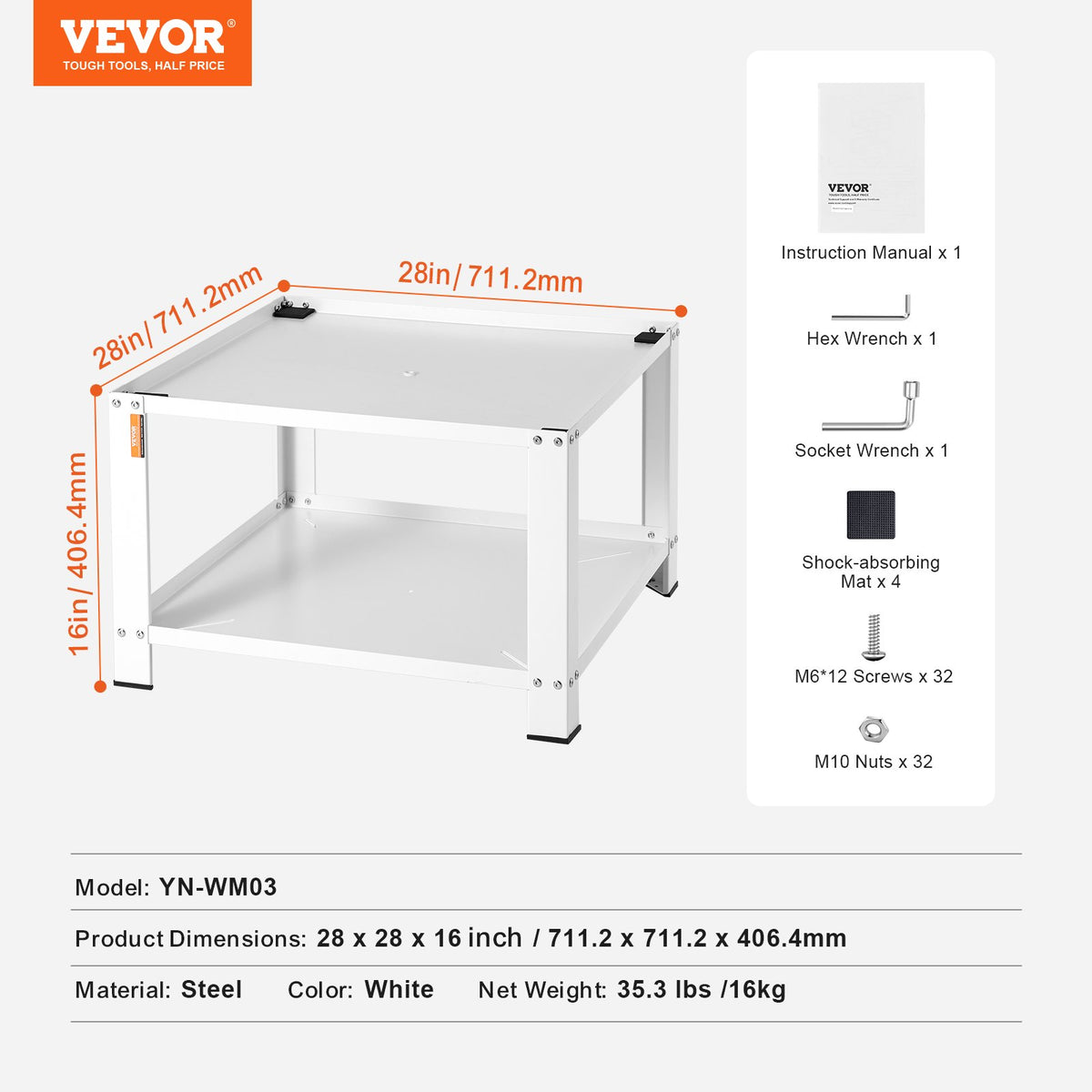 Tvättstativ med förvaringshylla, 711Lx711Bx406H mm, tvättmaskin- och torktumlare-basplattform, universalpassning, 299 kg kapacitet, kraftigt stålbas för tvättmaskin