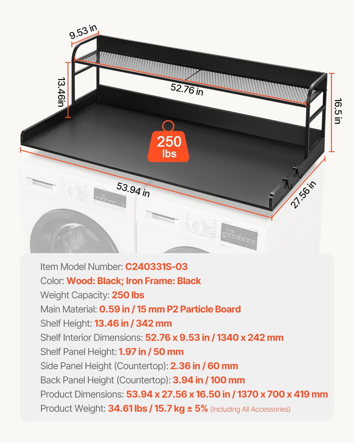 Bänkskiva för tvättmaskin/torktumlare med hyllplan i två nivåer, 136 x 61 cm träbänkskiva för tvättmaskin och torktumlare med halkfria dynor, vattentåligt tvättöverdrag för organisering och förvaring av tvättstugan, svart