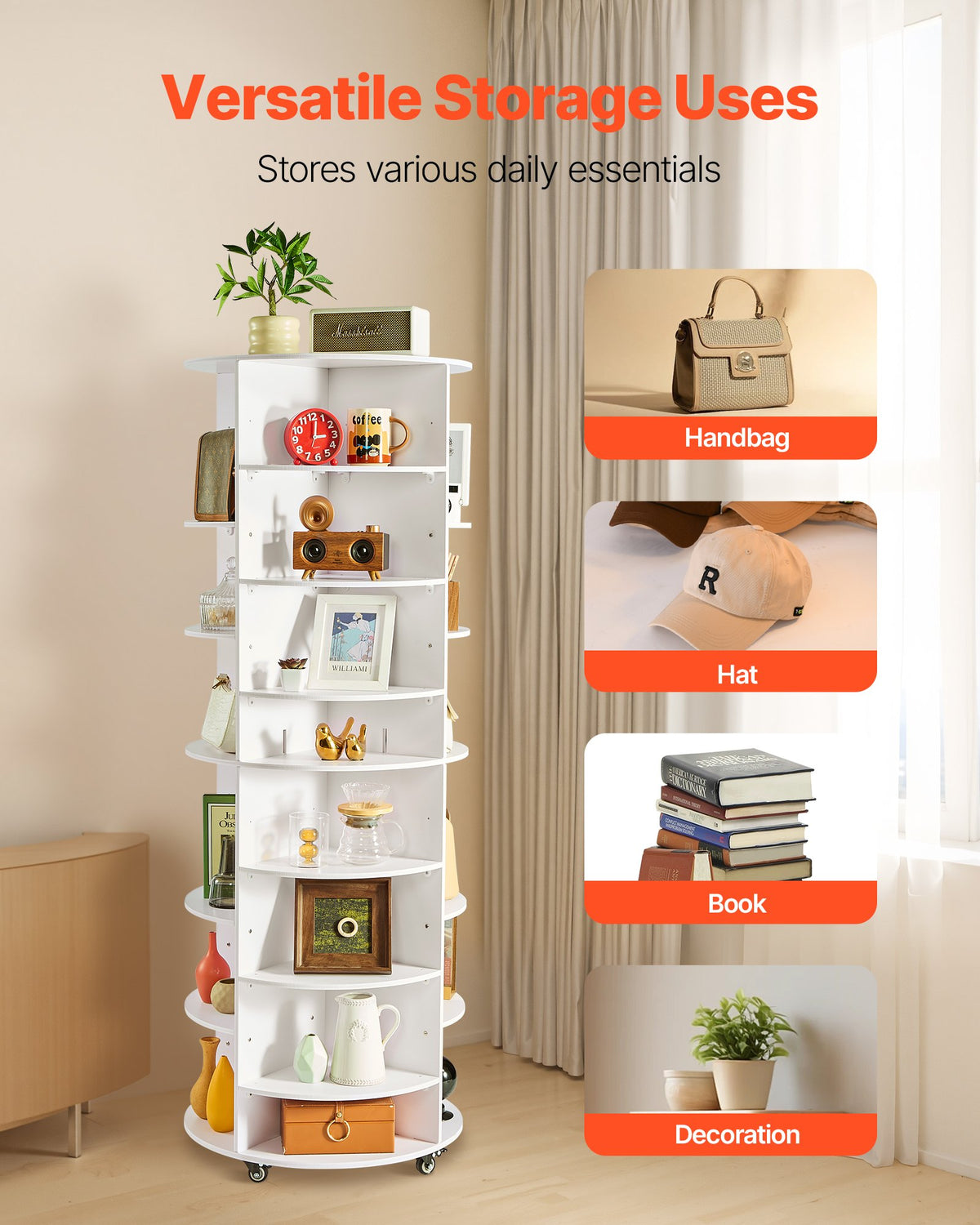 7 Tier Rotating Shoe Rack Tower with Adjustable Shelves, Movable 360° Spinning Carousel Display with Wheels, Lazy Susan Organizer Closet for Bedroom, Living Room, Entryway, Closet, White