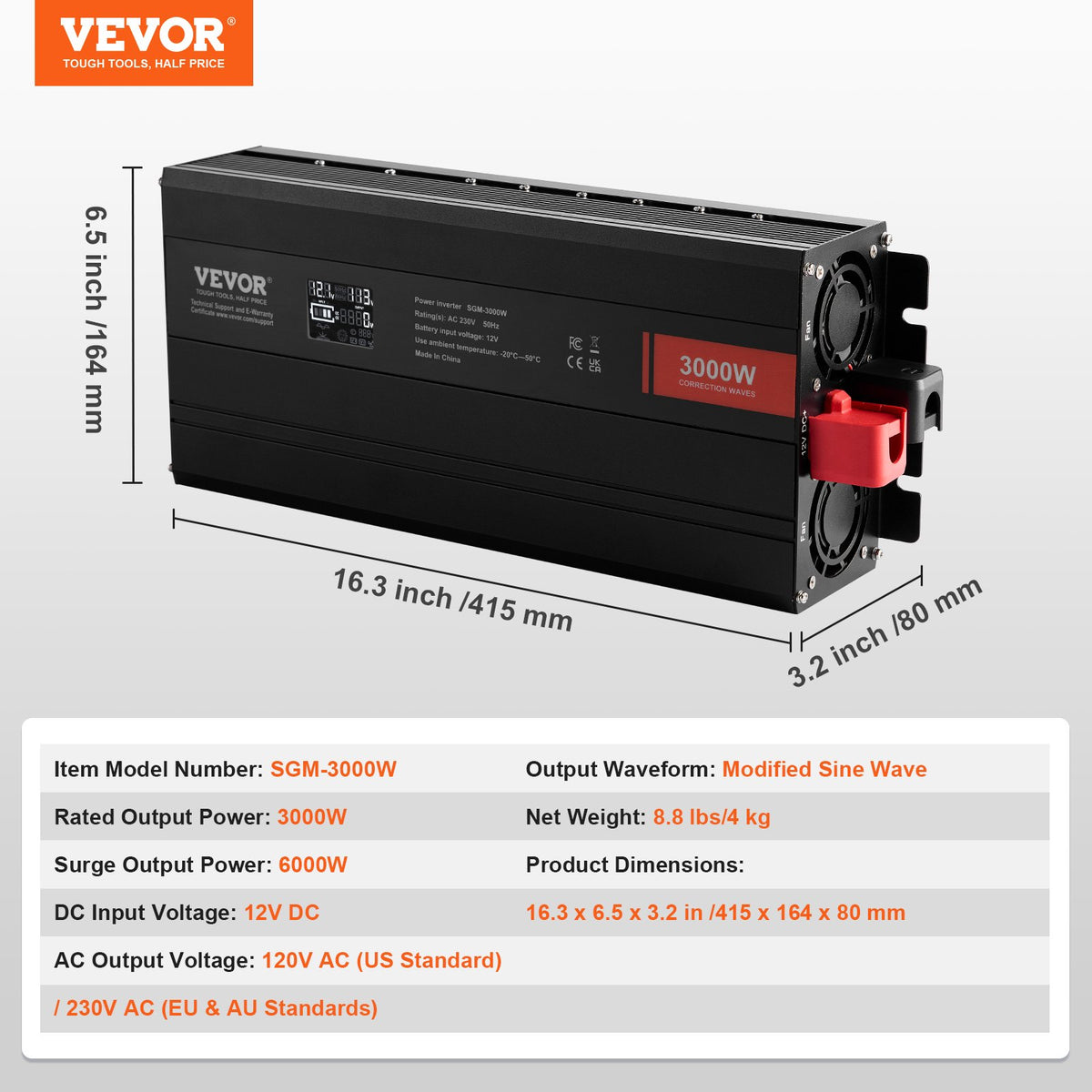 Modifierad sinusvågsväxelriktare, 3000 watt, DC 12V till AC 230V LCD-skärm, 3 AC-uttag, 2 USB-portar, 1 typ-C-port, 10 reservsäkringar, för stora hushållsapparater, CE-FCC-certifierad