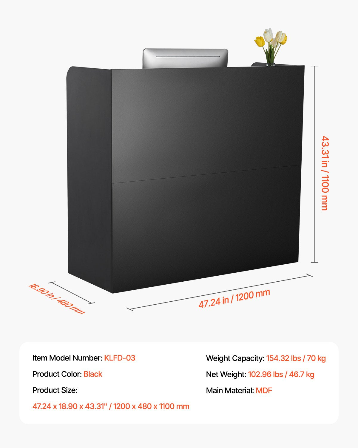 Receptionsdisk, 122 x 49 x 91 cm Rektangulärt frontbord, kontorsreceptionsdisk med låsbar låda och förvaringsskåp, för kassa, lobby, skönhetssalong och kontor, svart