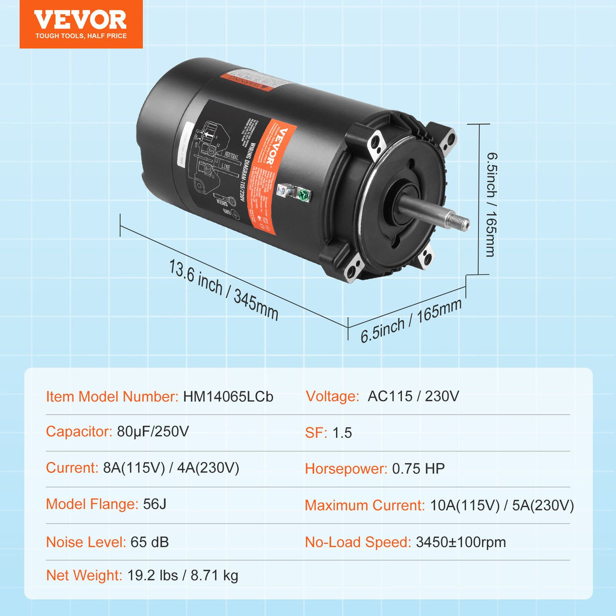 0,75 hk poolpumpmotor, 56J ram, 115V (8 ampere)/230V (4 ampere) 3450 varv/min, 60Hz, 1,5 servicefaktor, 80μF/250V kondensator, moturs roterande rundflänsreservmotor