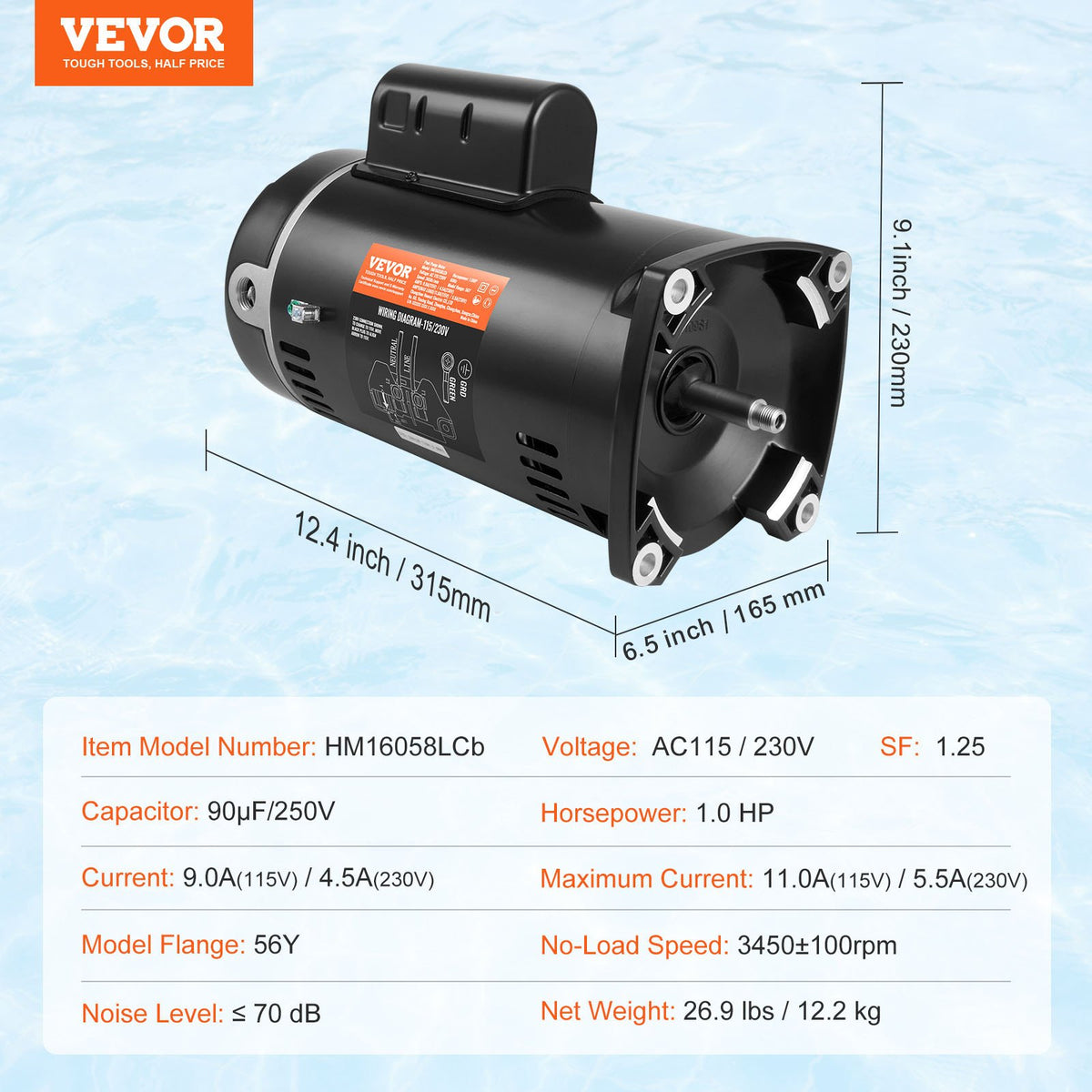 1 hk poolpumpmotor, 56Y-ram, 115 V (9 ampere)/230 V (4,5 ampere) 3450 varv/min, 60 Hz, 1,25 servicefaktor, 90 μF/250 V kondensator, utbytesmotor med moturs rotation och fyrkantig fläns.