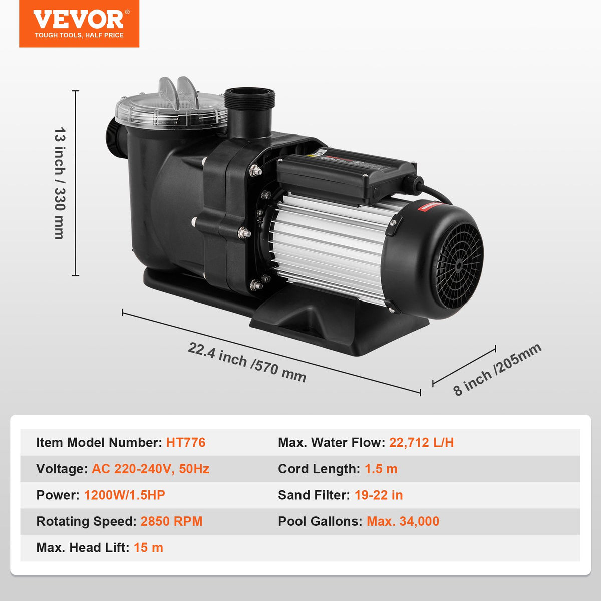 Ovanmarkspump för pool, 1118 W (1,5 hk), 378 l/min (100 gpm) max. flöde, poolpump med en hastighet, 220 V 2850 varv/min 15 m, max. lyfthöjd och filterkorg, för ovanmarkspooler, bubbelpooler och spabad, UL-certifierad