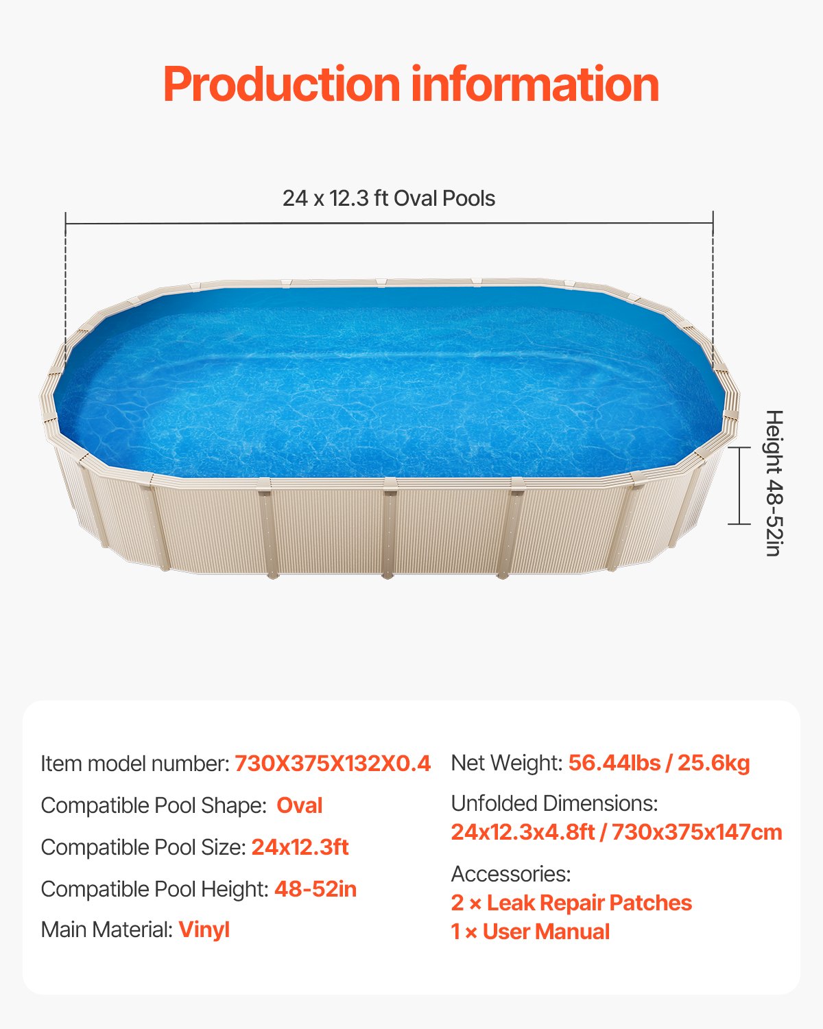 Oval poolfoder, 24 x 12,3 fot, poolfoder, standardtjocklek, slitstark vinylfoder, överlappande modell, ersättning för poolfoder för 52 tums vägghöjd ovan markpool, enfärgad