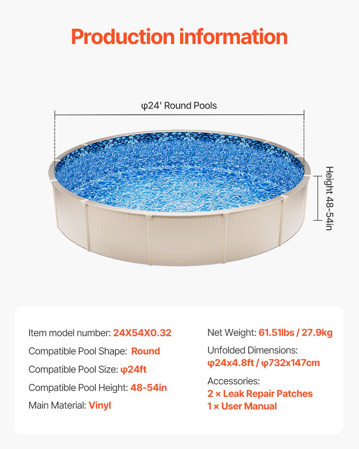 7,5 meter rund ovanmarkspoolfoder, överlappande poolfoder, vinyl i standardtjocklek, vägghöjd 122 till 142 cm, designad för ovanmarkspooler med stålsidor