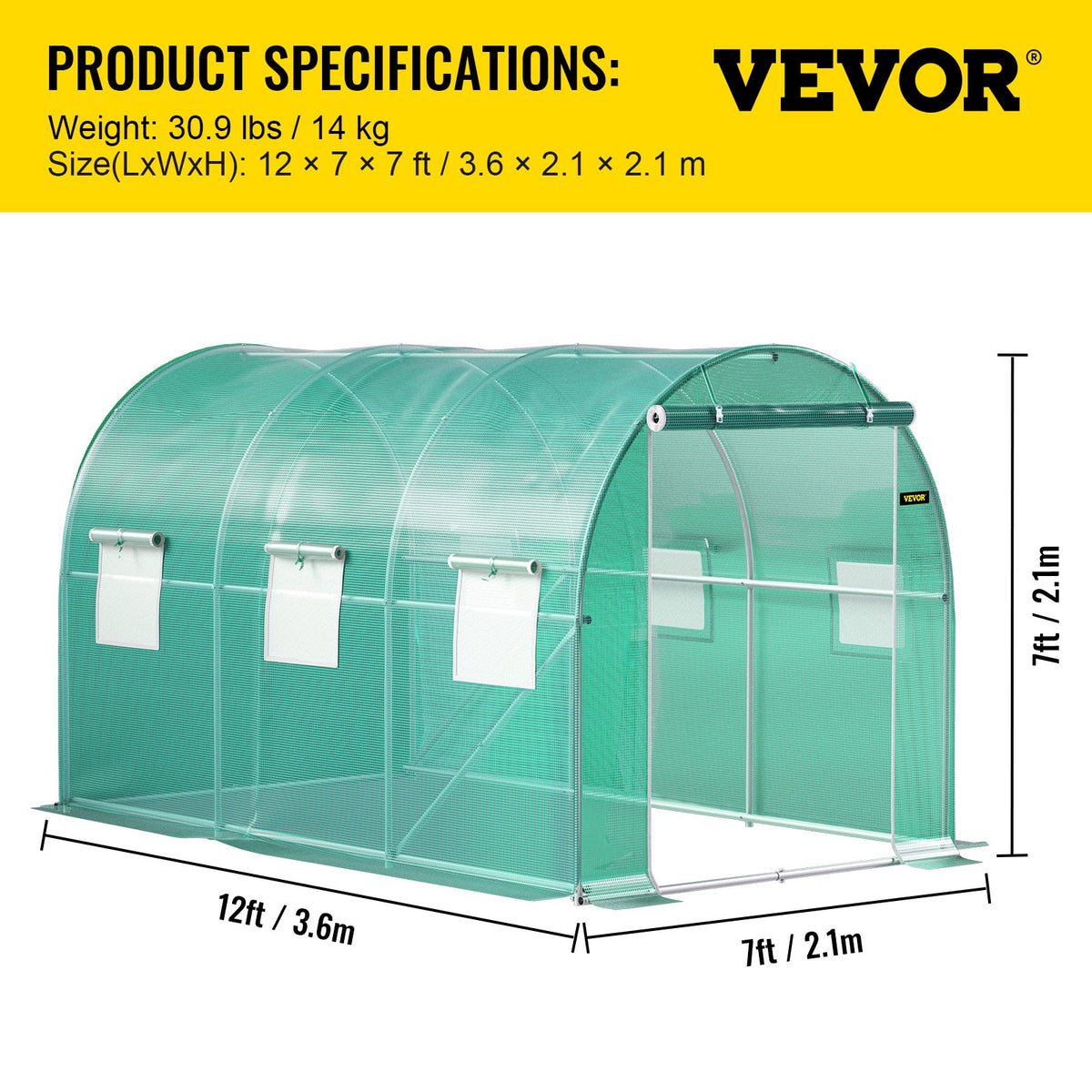 Tunnelväxthus med gångavstånd, 3,6 x 2 x 2 m/12 x 7 x 7 fot, portabelt växthus med galvaniserade stålringar, 1 toppbalk, 2 diagonala stänger, 2 dörrar med dragkedja och 6 rullfönster, grönt