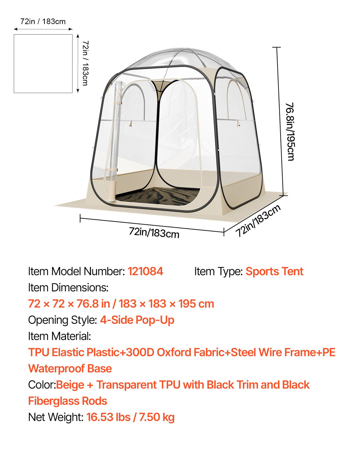 Pop up Sports Tent, 1.83x1.83 m Clear Bubble Tent for 2-4 Persons, Waterproof Outdoor Pod with Floor Mat & Top Cover, Garden Igloo Dome Tents Camping Shelter for Events Fishing Cheering
