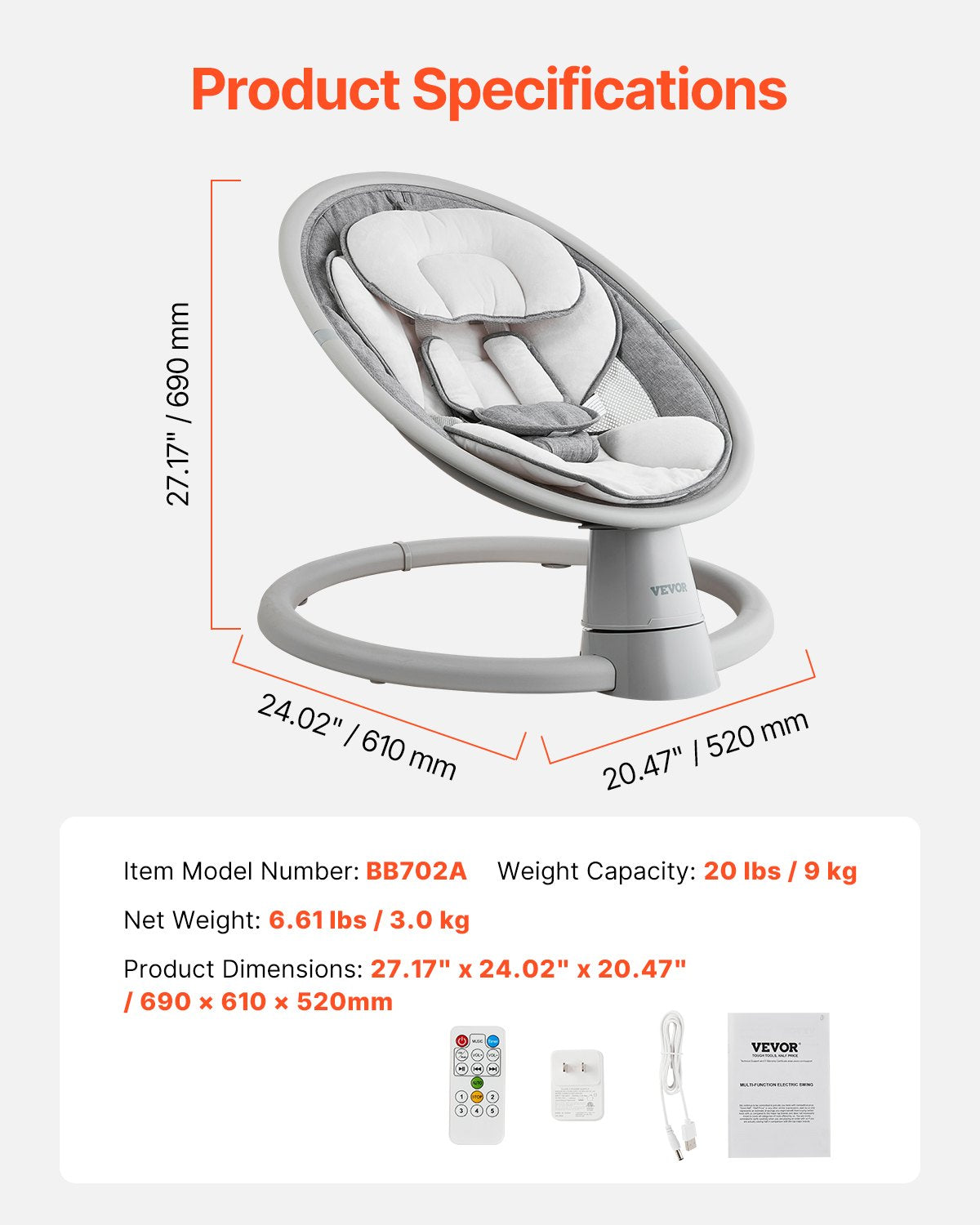 Babygunga, 5-växlad babygunga, bärbar babygunga med fjärrkontroll, pekskärm, Bluetooth-musik, 10 förinställda vaggvisor och 5-punktssele för 0-9 månader pojkar flickor upp till 9 kg