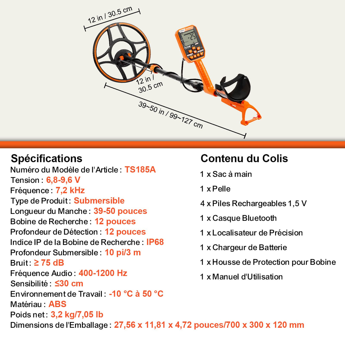 Waterproof Metal Detector, 30.5 cm Coil, Professional Rechargeable Gold Detector, 99-127 cm Adjustable with LCD 7 Modes Advanced DSP Chip Bluetooth Headset, IP68 for Detecting Gold Treasure Hunting