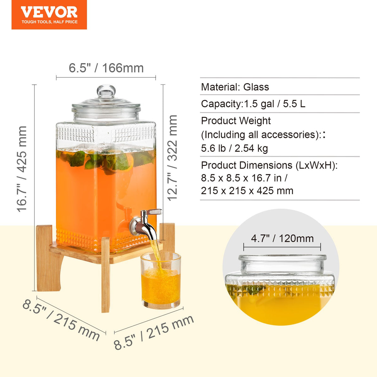 Dryckesdispenser, 1,5 gallon/5,5 l dryckesdispensrar för fester, juicedispenser i glas med stativ, kran i rostfritt stål, vattendispenser för iste, citronjuice, för restauranger, hotell, fester