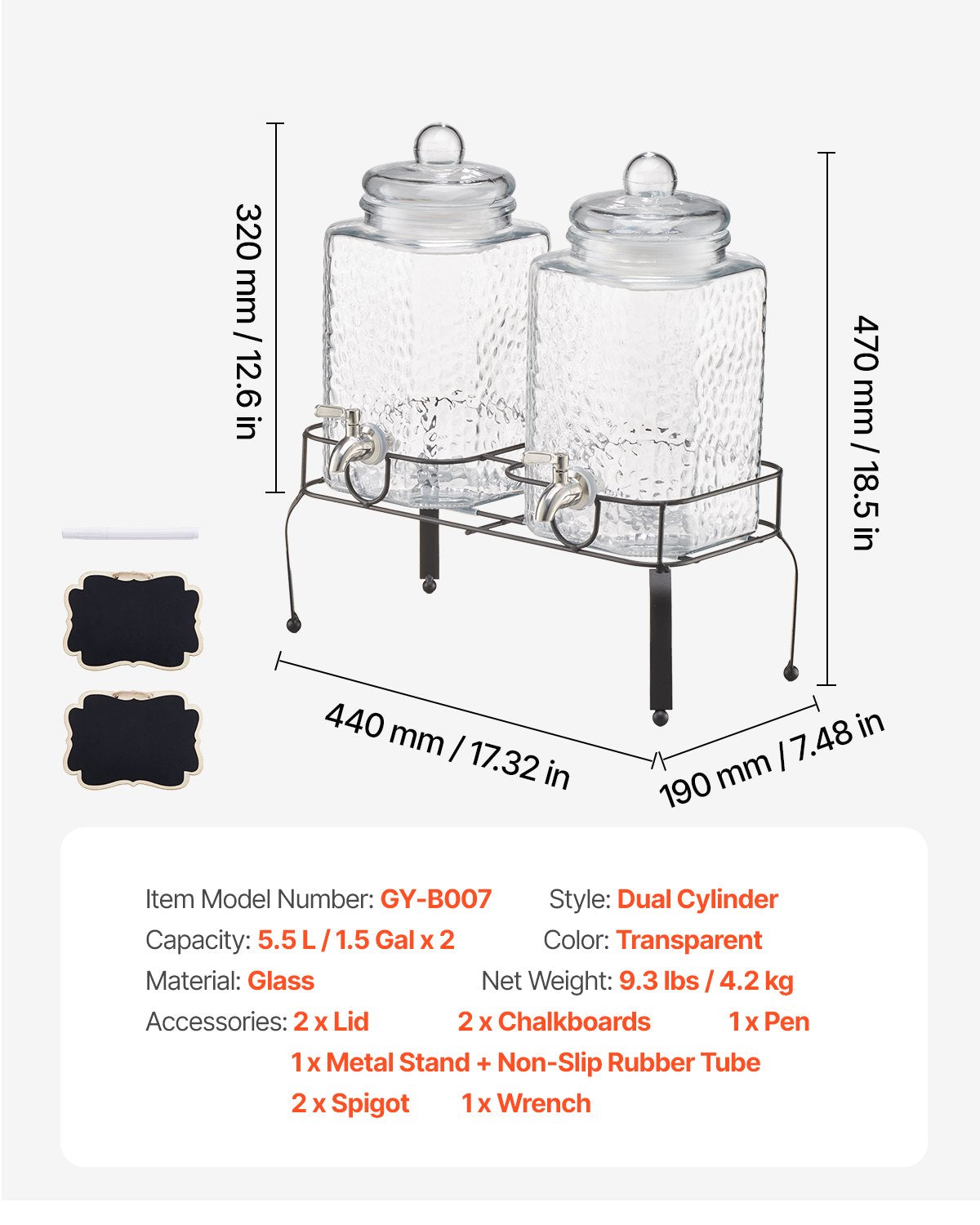 Dryckesdispenser, 2-pack 5,5 l dryckesdispensrar för fester, juicedispenser i glas med metallställ, kran i rostfritt stål, vattendispensrar för iste, citronjuice och iste för fester
