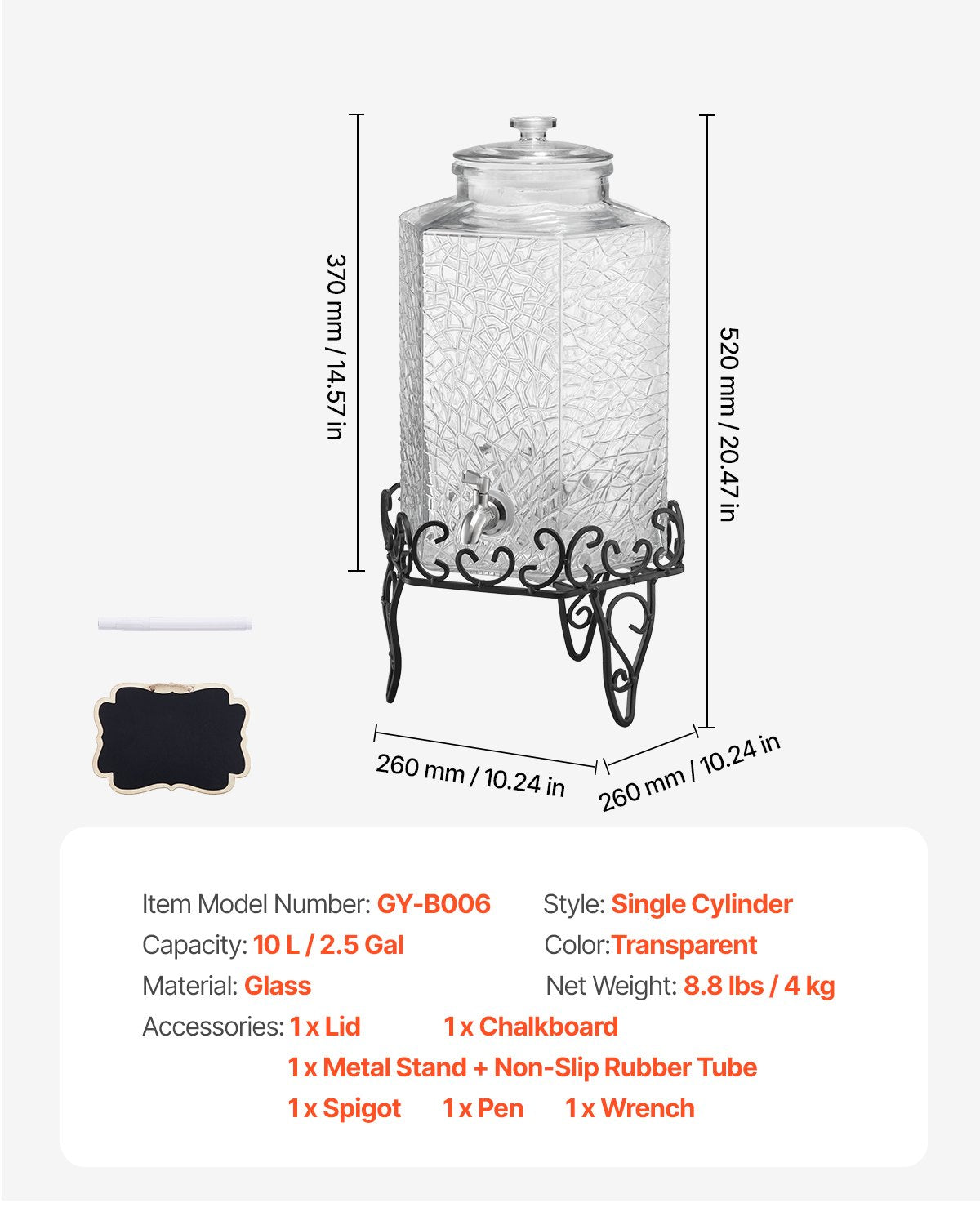 Dryckesdispenser, 10L dryckesdispensrar för fester, Glasjuicedispenser med metallställ, Tapp i rostfritt stål, Iste- och citronvattendispensrar för fester