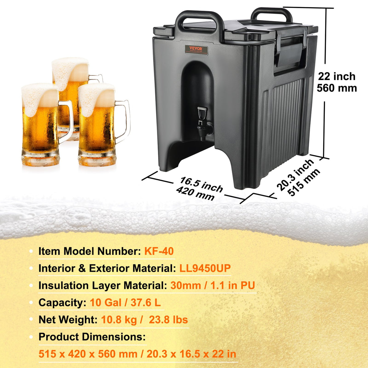 Isolerad dryckesdispenser, 37,9 l, livsmedelsklassad LL9450UP servering för varma och kalla drycker, termisk dryckesdispenserkylare med 3 cm PU-lager, tvåstegs kranhandtag, för restaurang, dryckesbutik