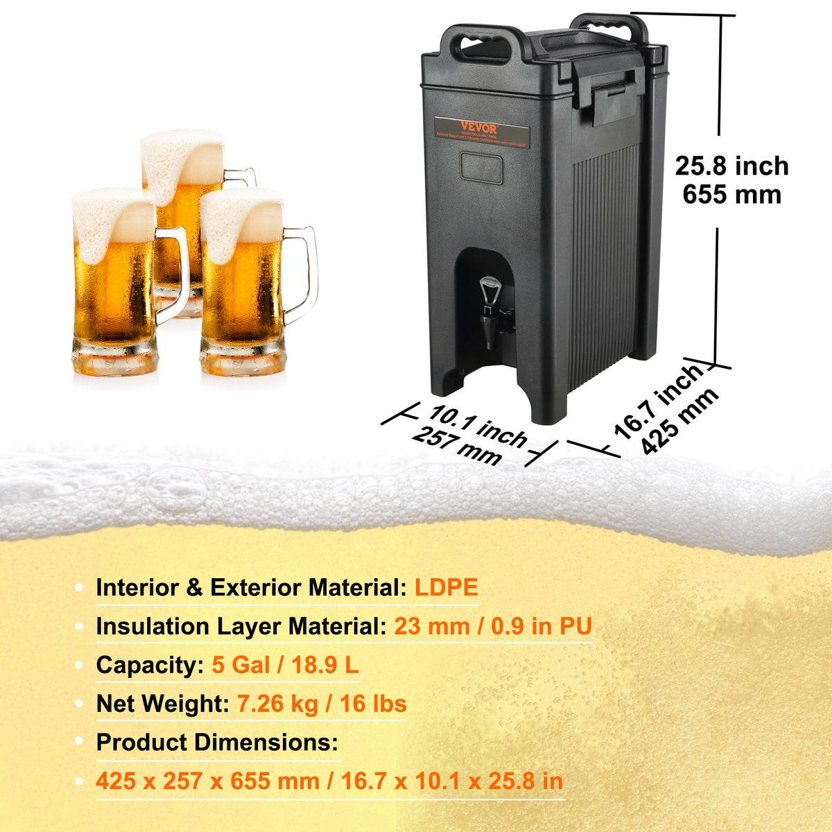 Isolerad dryckesdispenser, 18,9 l, livsmedelsklassad LDPE-servering för varma och kalla drycker, termisk dryckesdispenserkylare med 2,3 cm PU-lager, tvåstegs kranhandtag, för restaurang, dryckesbutik