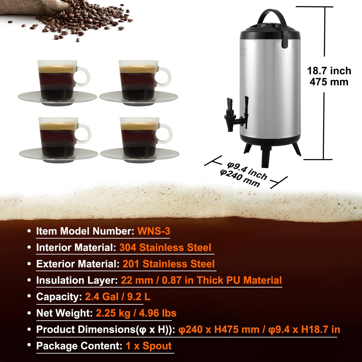 Isolerad dryckesdispenser i rostfritt stål, 2,4 gallon 9,2 liter, termisk serveringsbehållare för varma och kalla drycker med tapphandtag, livsmedelsklassad för varmt te, kaffe, vatten, restaurang, dryckesbutik