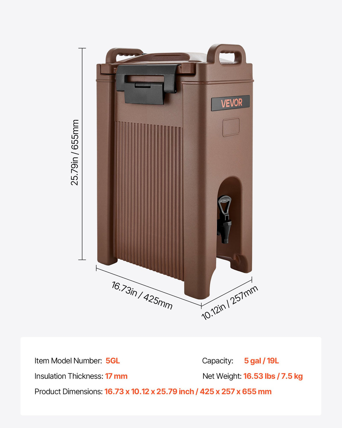 Isolerad dryckesdispenser, 5 gal/19 l varma och kalla drycker med kran och handtag, livsmedelsklassad termisk dryckesdispenserkylare för te, kaffe, vatten på kaféer och restauranger, brun
