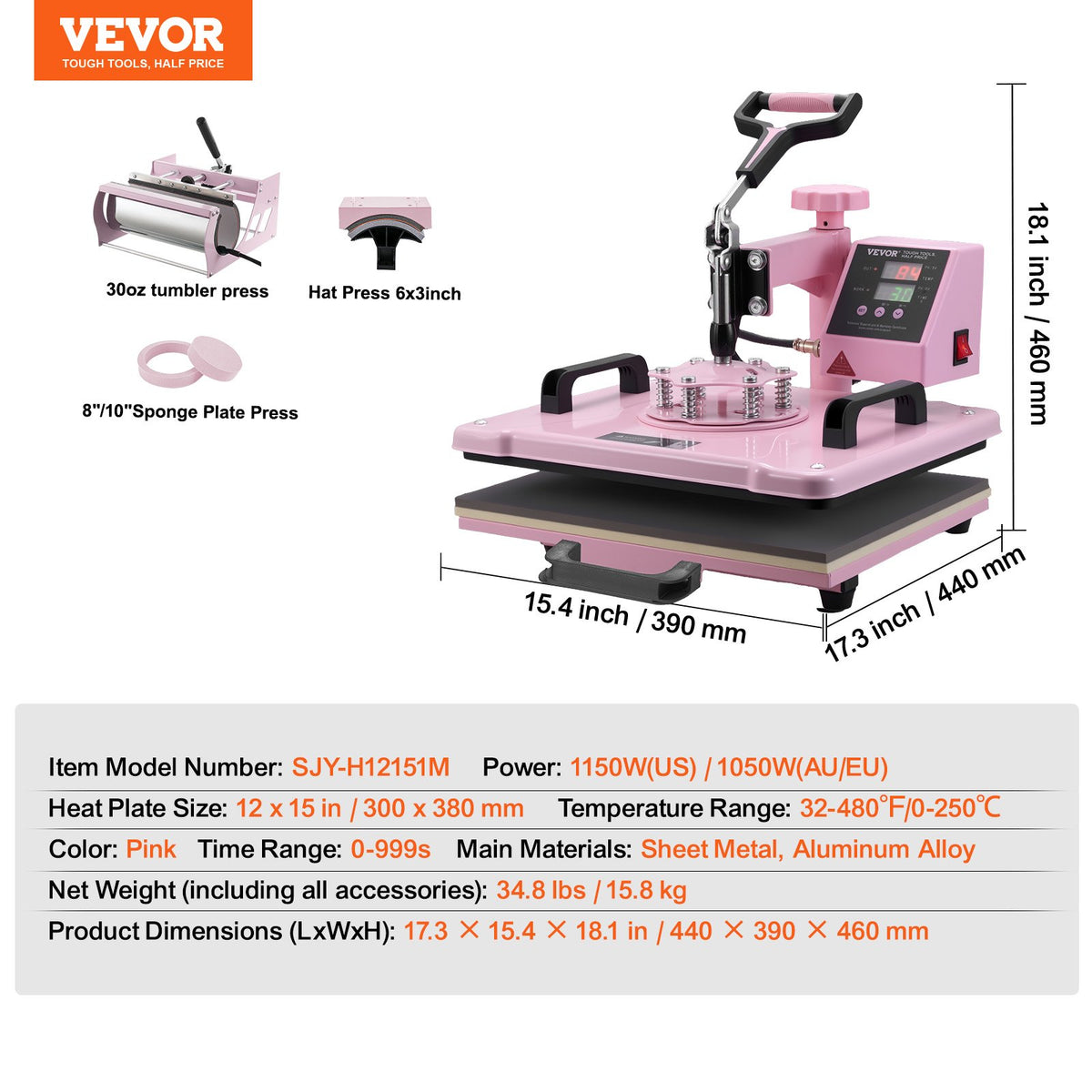 Värmepress 30,5x38,1 cm 5 i 1 med 850,5 g tumlarpress T-shirts rosa