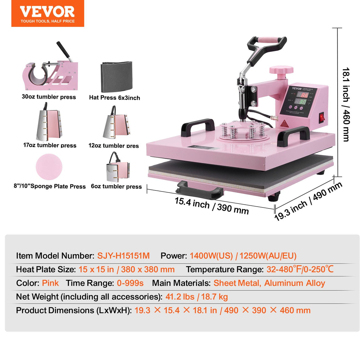 Värmepress 38x38 cm 8 i 1 med 850,5 g tumlarpress T-shirts rosa