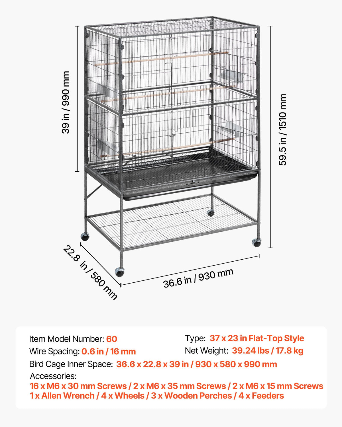 Bird Cage, 930 x 580 x 1510 mm, Flat Top, Wrought Iron Bird Flight Cage with Perches, Slide-Out Tray and Plastic Feeders, for Blue Tit, Cockatiel, Canary, Monk Parakeet, African Grey Parrot