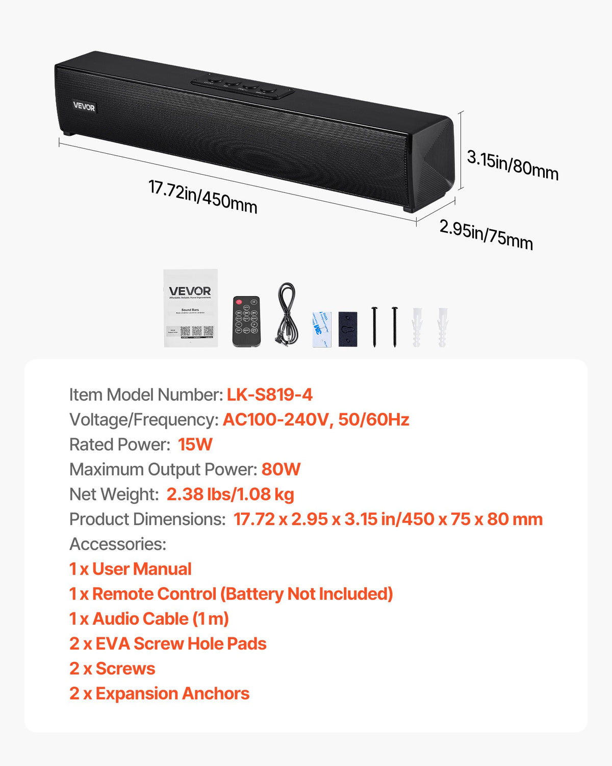 Soundbar för Smart TV, 2.0-kanal, 450 mm kompakta Soundbar-TV-högtalare för projektor, Bluetooth AUX-anslutning, fjärrkontroll, enkel installation, 80 W surroundljudsystem för PC, hemmabiosystem